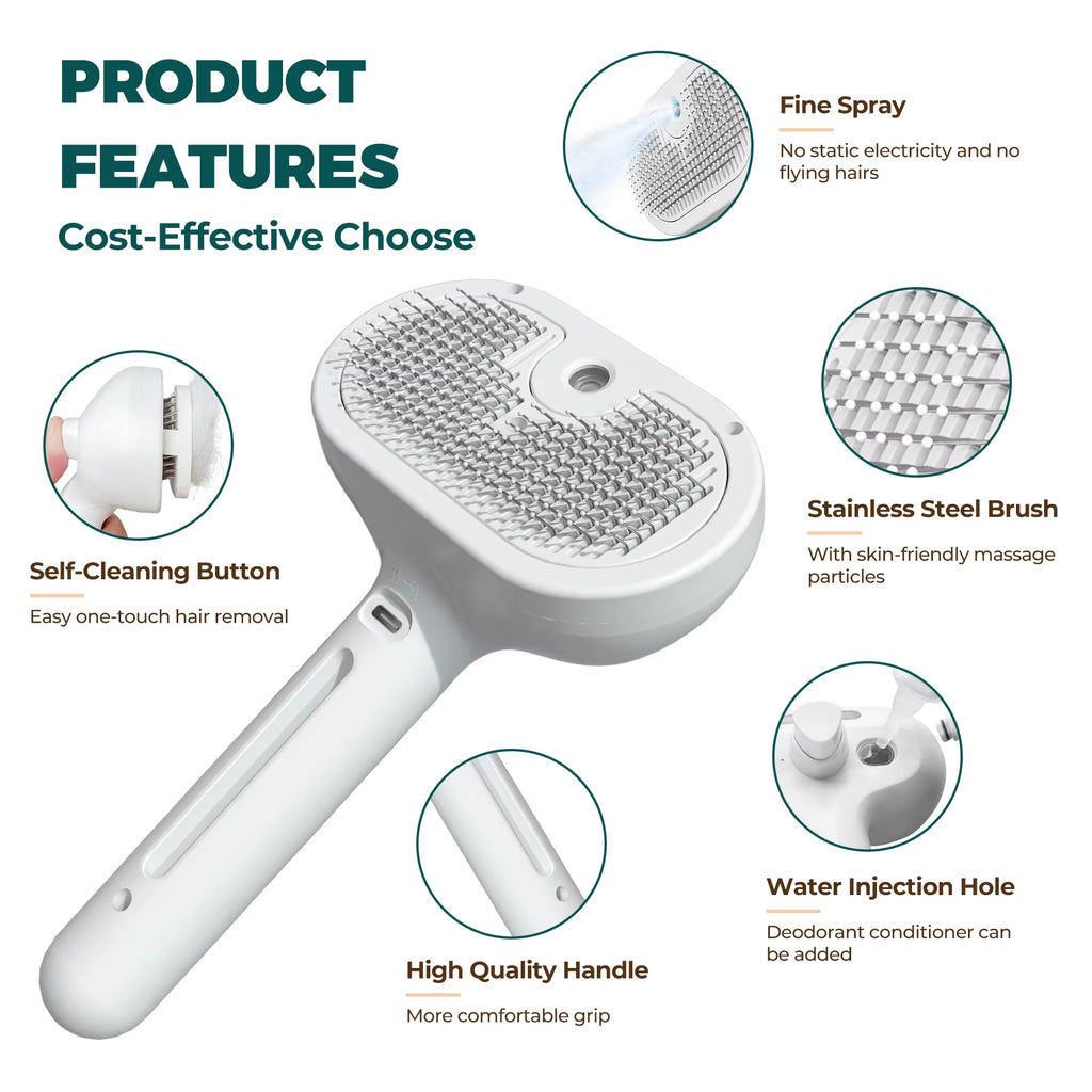 Custom Logo Rechargeable Stainless Steel Steamy Dog Cat Pet Hair Remover Brush with Spray Comb